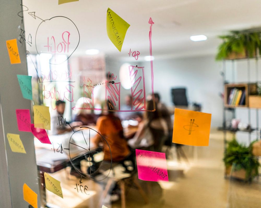 Zu sehen sind Notizen an einer Glaswand als Ergebnis aus einem Meeting. Im Hintergrund ist der Meetingraum mit den Personen verschwommen zu sehen. 